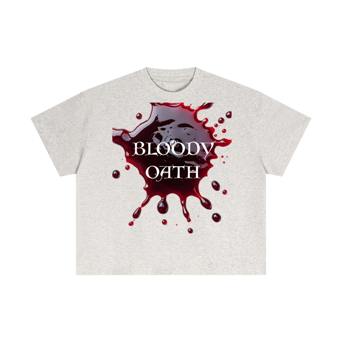 Gray t-shirt with 'Bloody Oath' graphic design on a white background