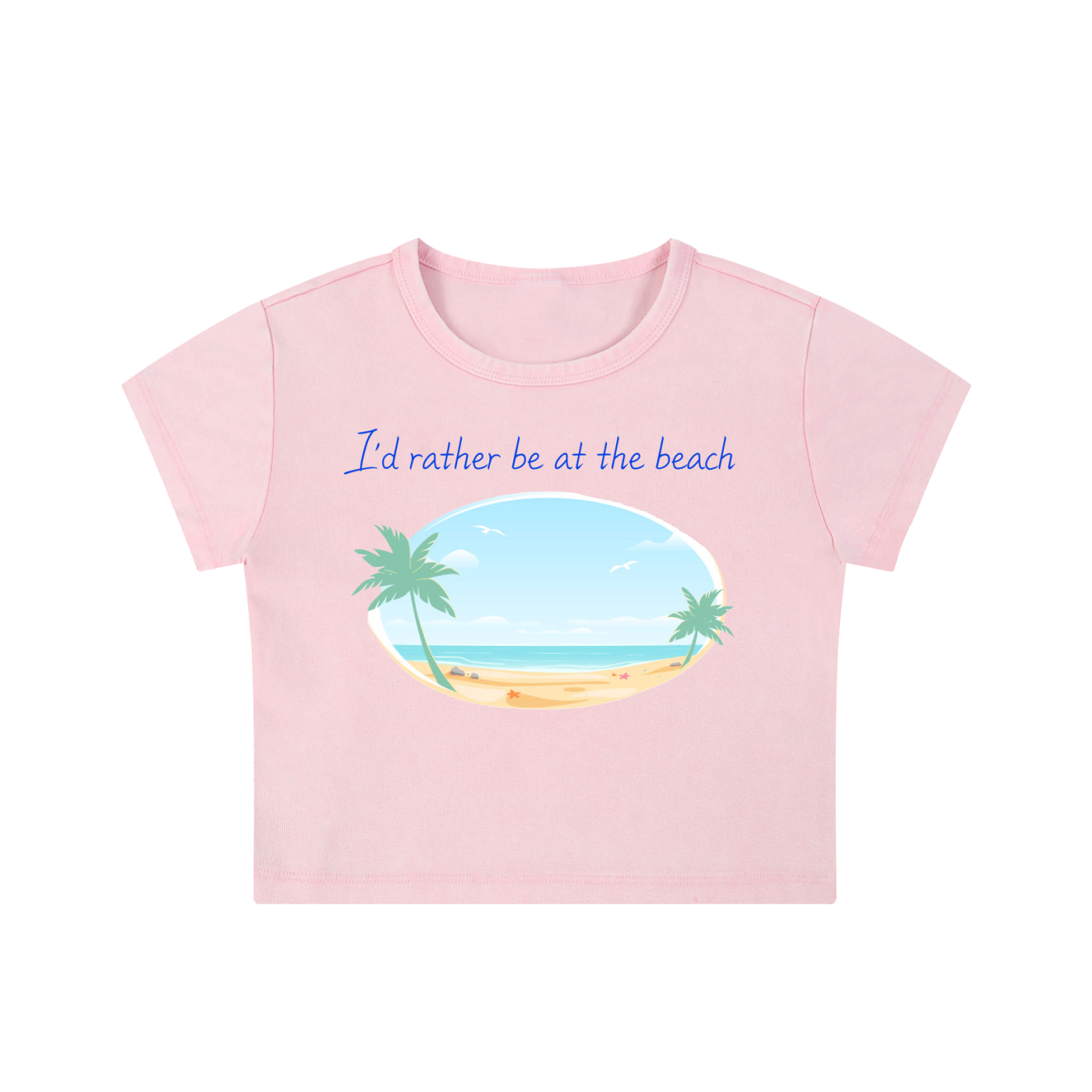 Pink t-shirt with beach graphic and text on a white background
