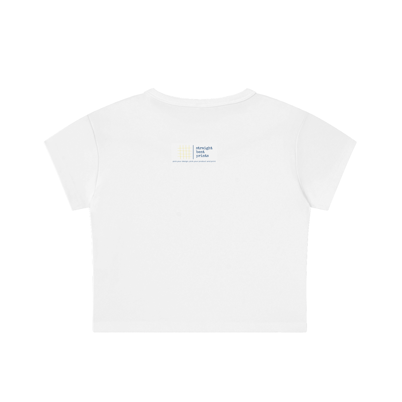 White t-shirt with a small logo on a white background