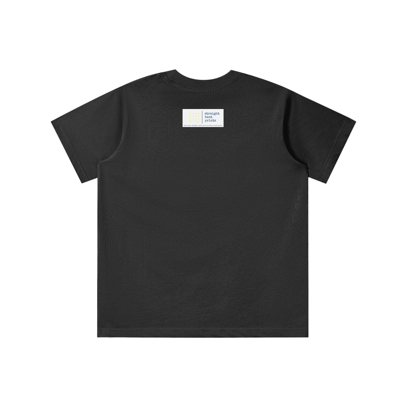 Black t-shirt with a small white label on the back against a white background