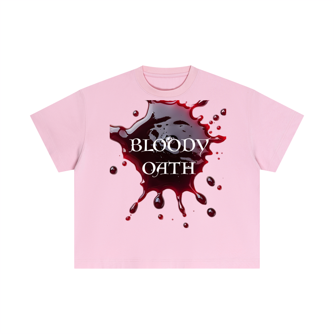 Pink t-shirt with 'Bloody Oath' graphic design on a white background