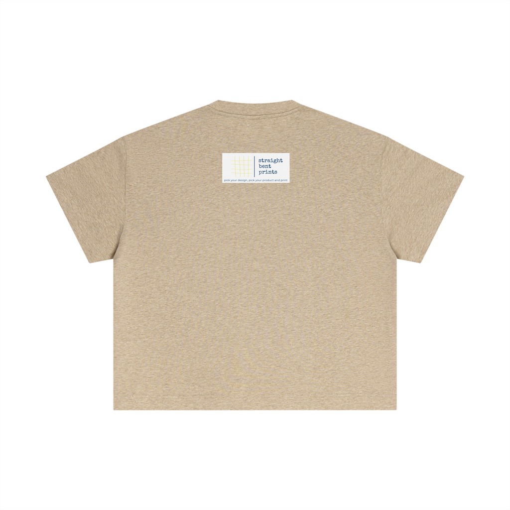 Beige t-shirt with a small logo on the chest against a white background