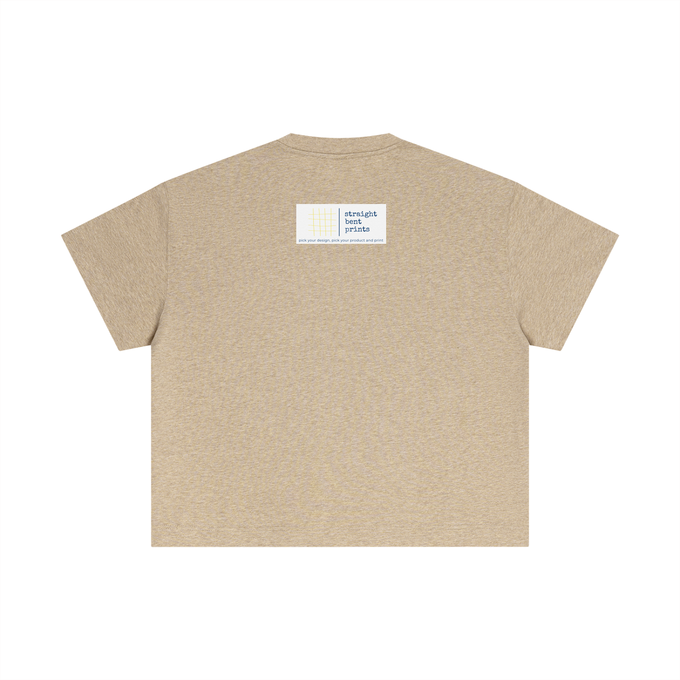 Beige t-shirt with a small logo on the chest against a white background