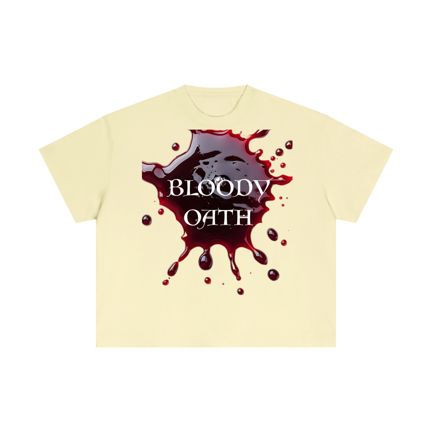 Beige t-shirt with 'Bloody Oath' graphic design on a white background