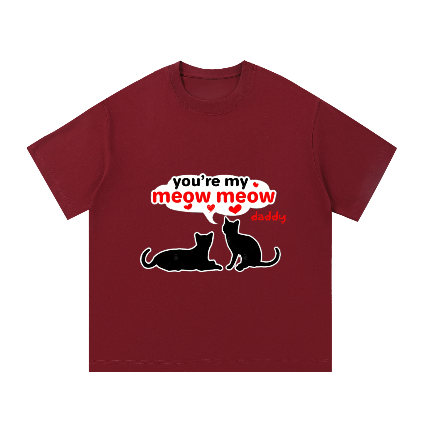 Red t-shirt with cat graphic and text 'you're my meow meow daddy' on a white background