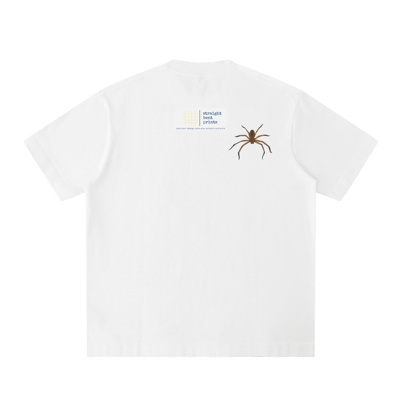 White t-shirt with a spider graphic on the back against a white background
