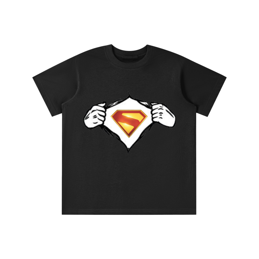 Black t-shirt with Superman logo design on a white background