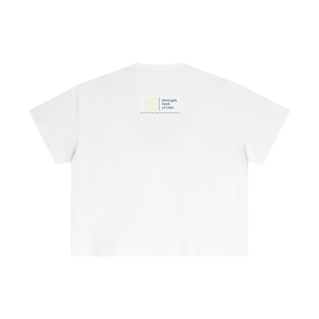 White t-shirt with a small logo on the chest against a white background