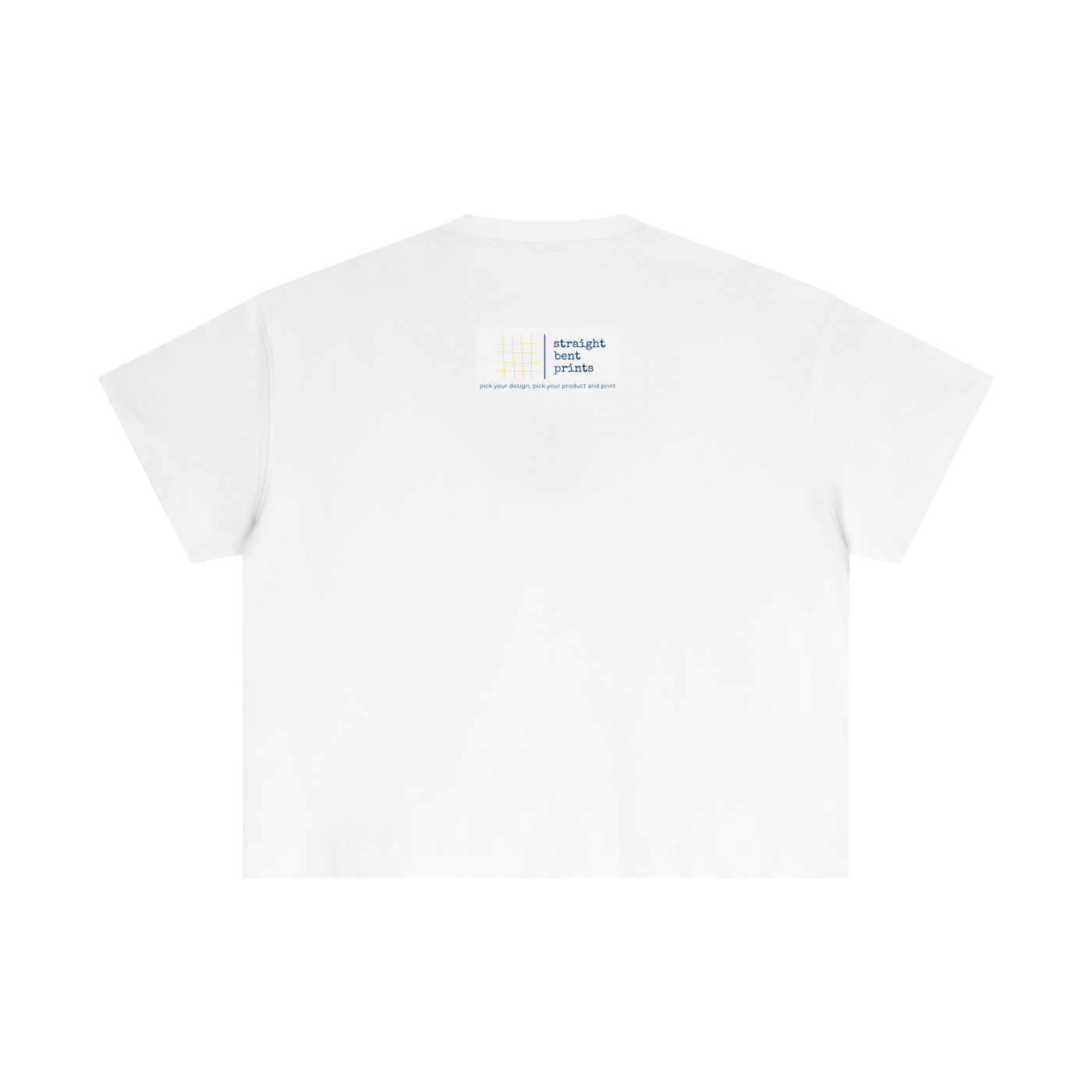 White t-shirt with a small logo on the chest against a white background
