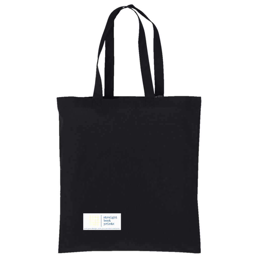 Black tote bag with a white label on a white background