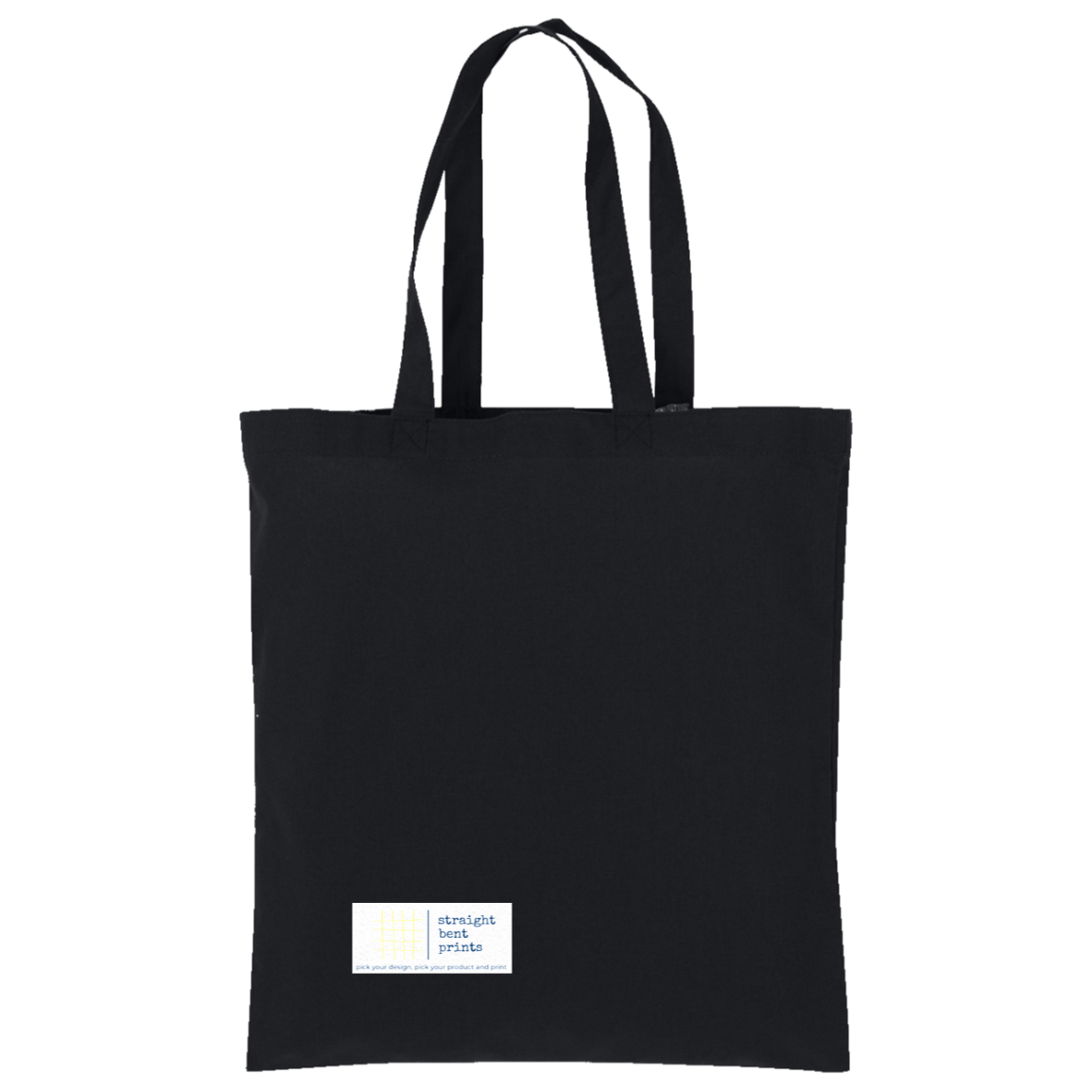 Black tote bag with a white label on a white background
