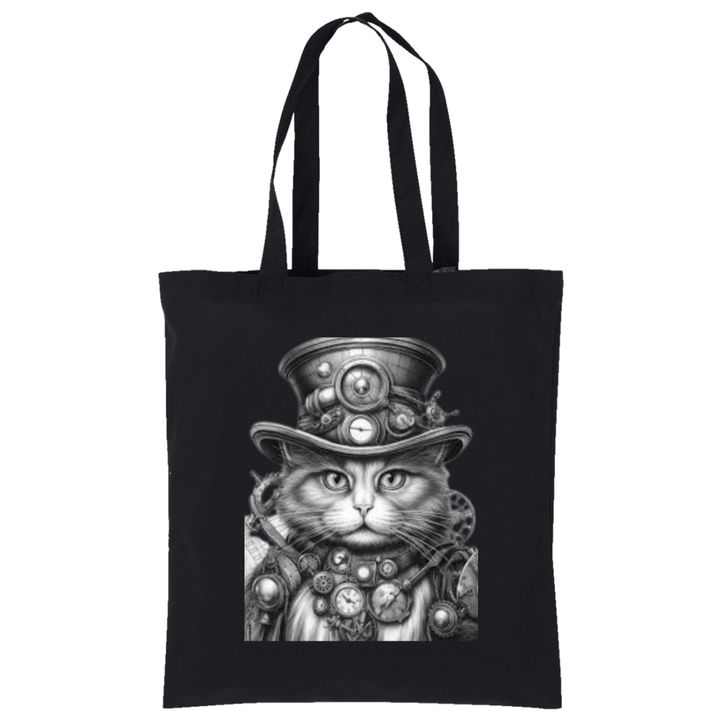 Black tote bag with a steampunk cat design on a white background