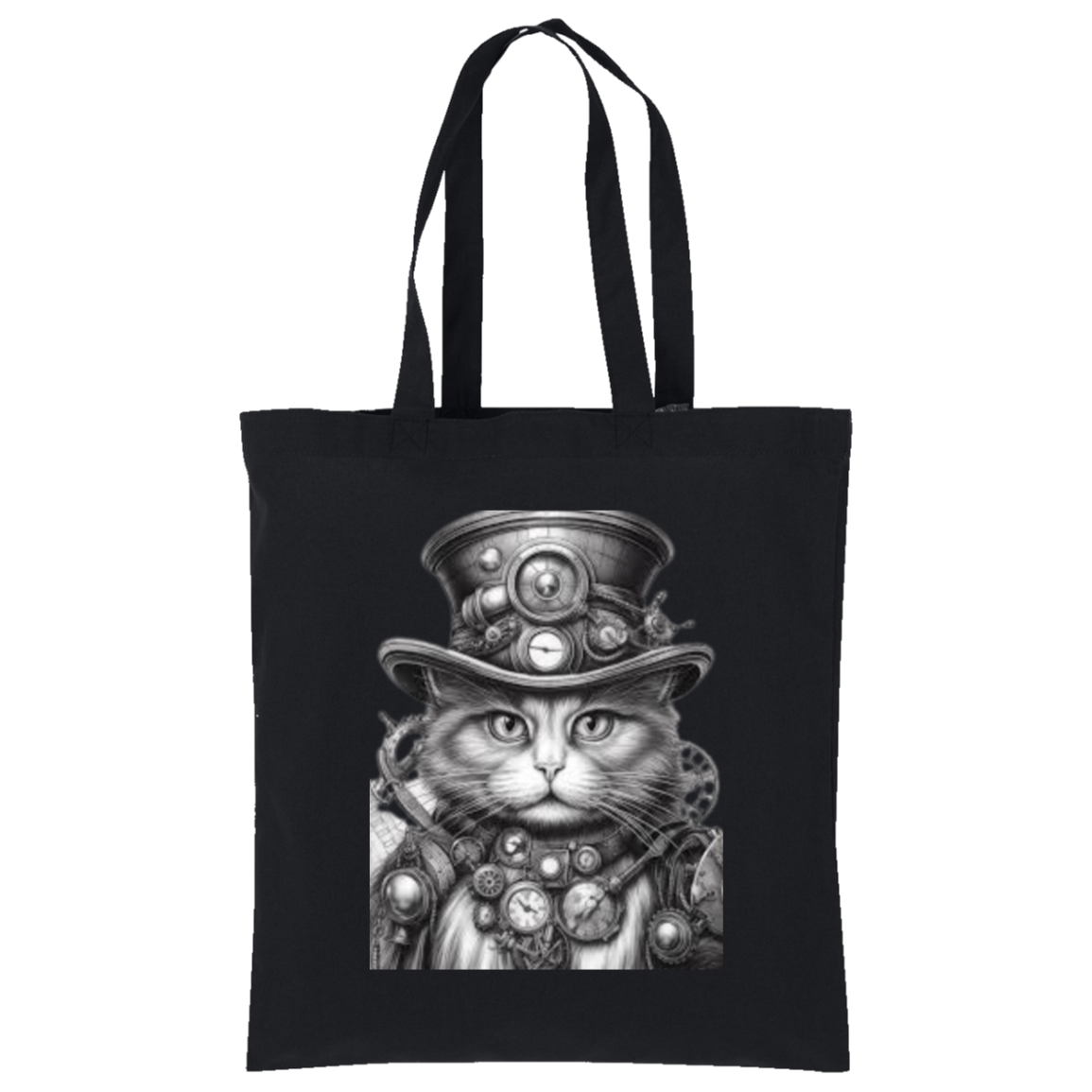 Black tote bag with a steampunk cat design on a white background