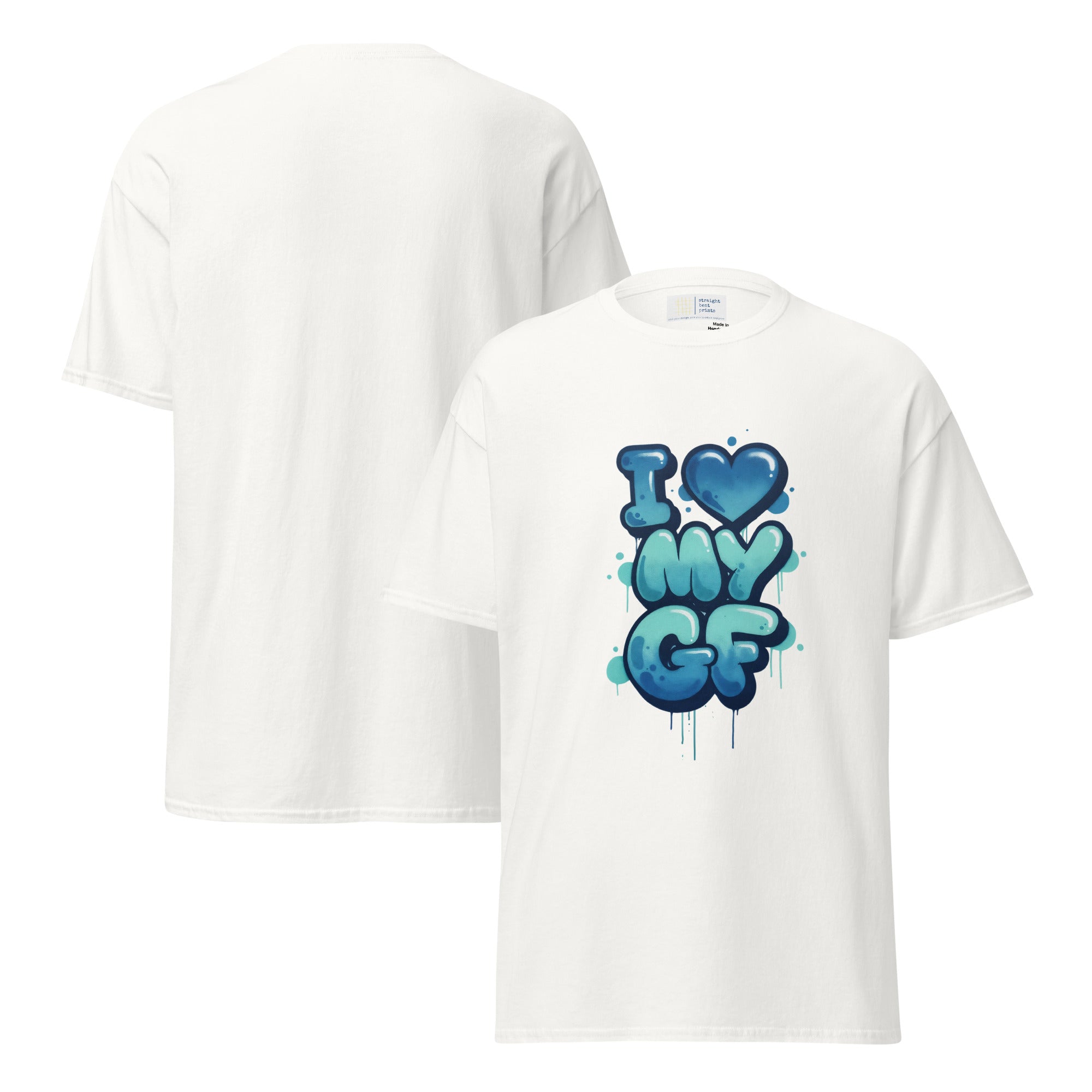 White t-shirt with blue 'I ❤️ MY GF' design on a white background