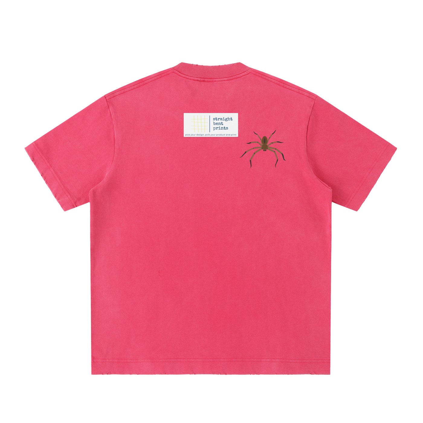Pink t-shirt with a spider graphic on the back against a white background