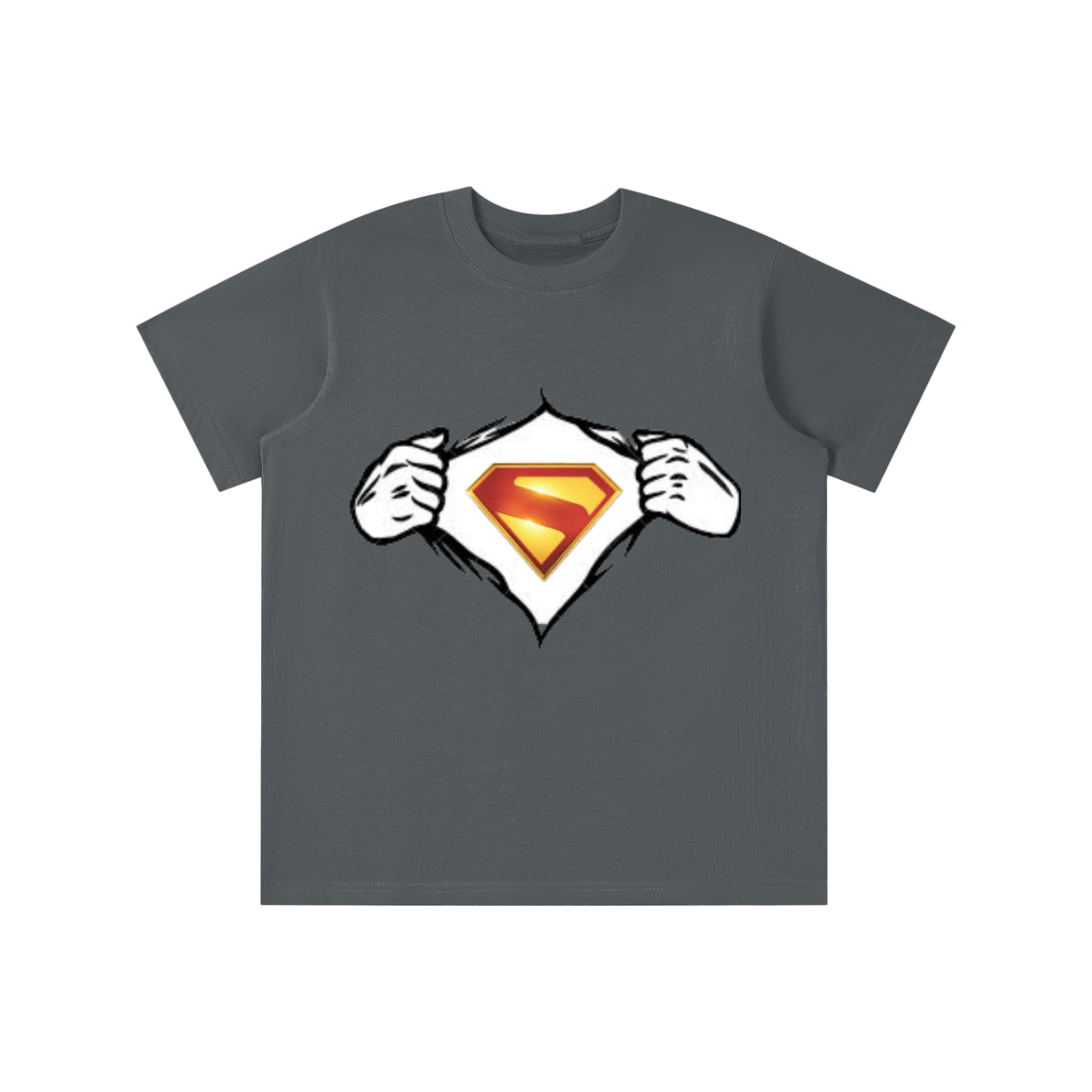 Gray t-shirt with Superman logo design on a white background