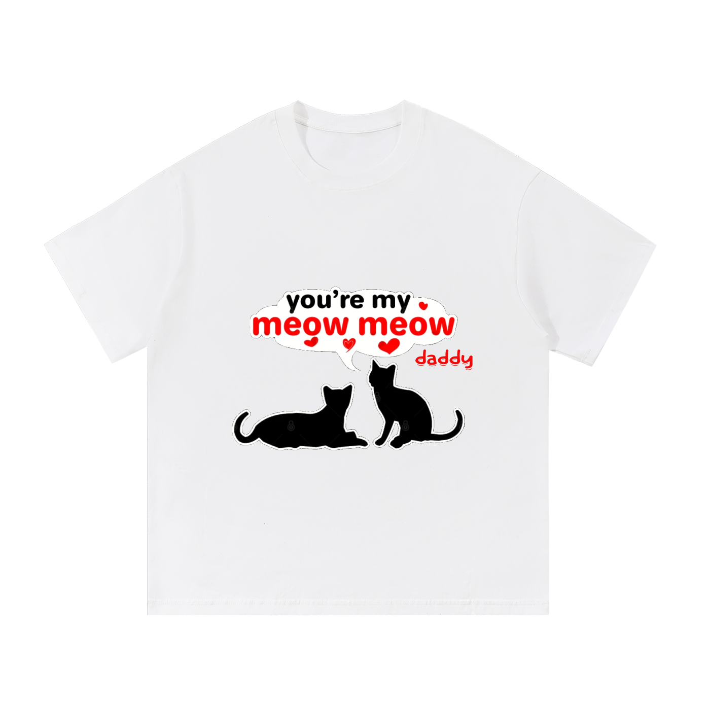 White t-shirt with cat graphics and text on a white background