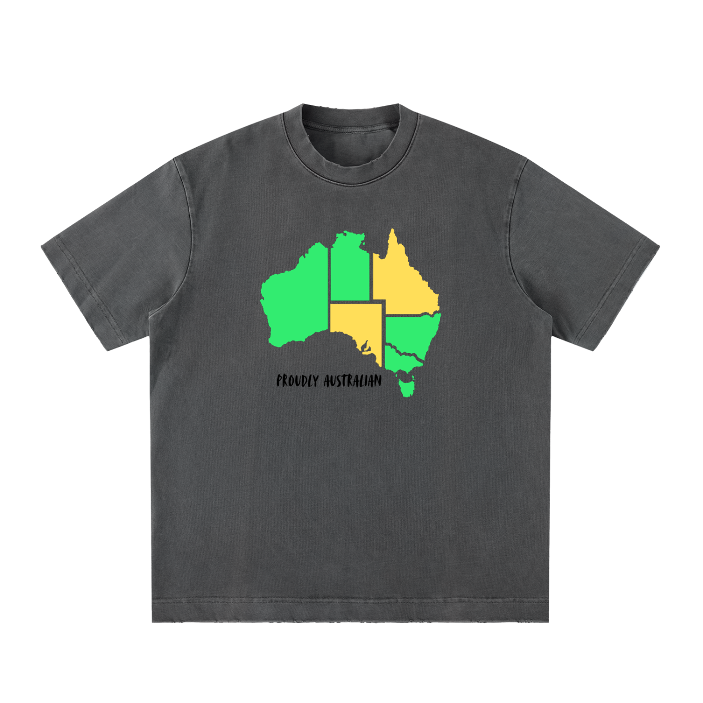 Gray t-shirt with a map of Australia in green and yellow on a white background