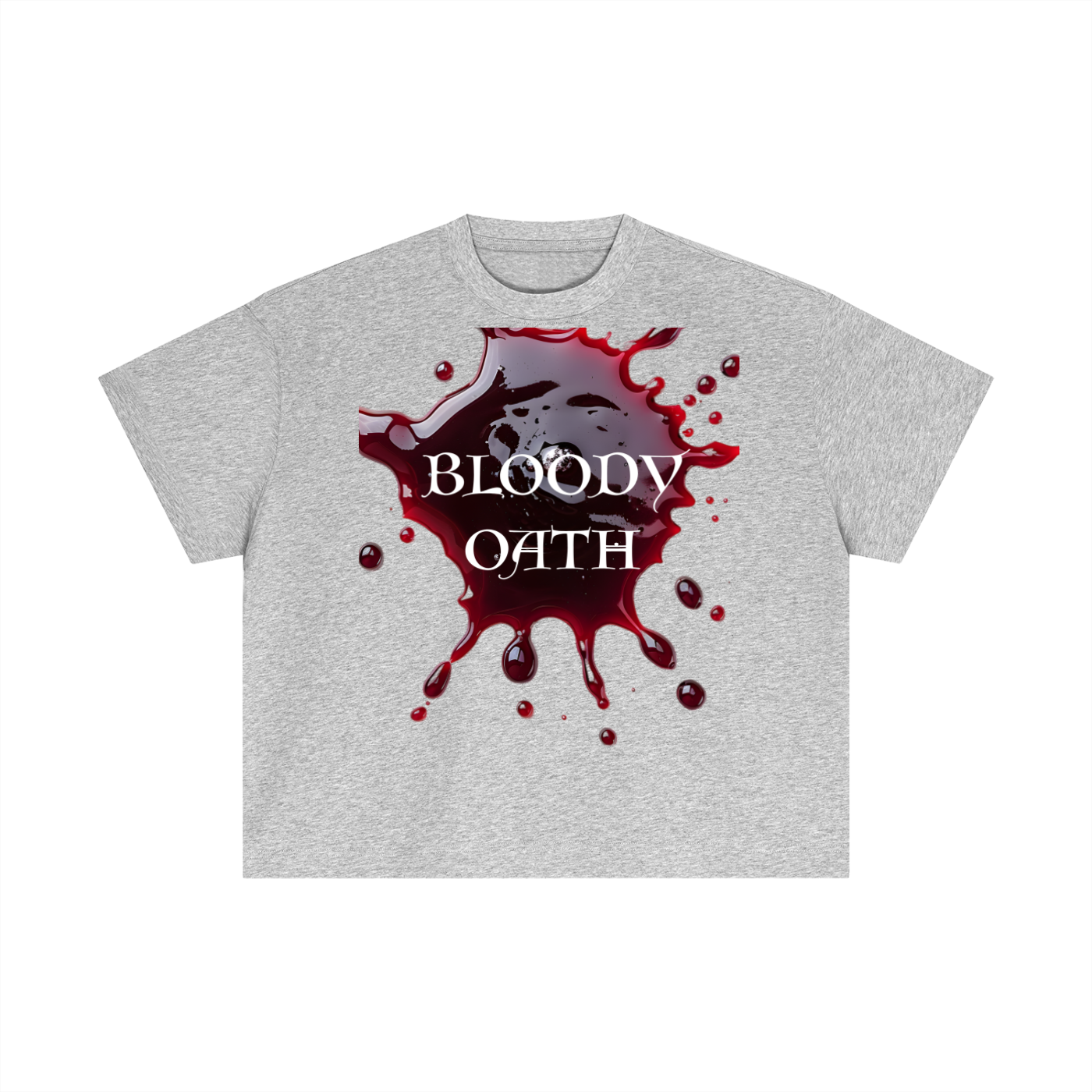 Gray t-shirt with 'Bloody Oath' graphic design on a white background