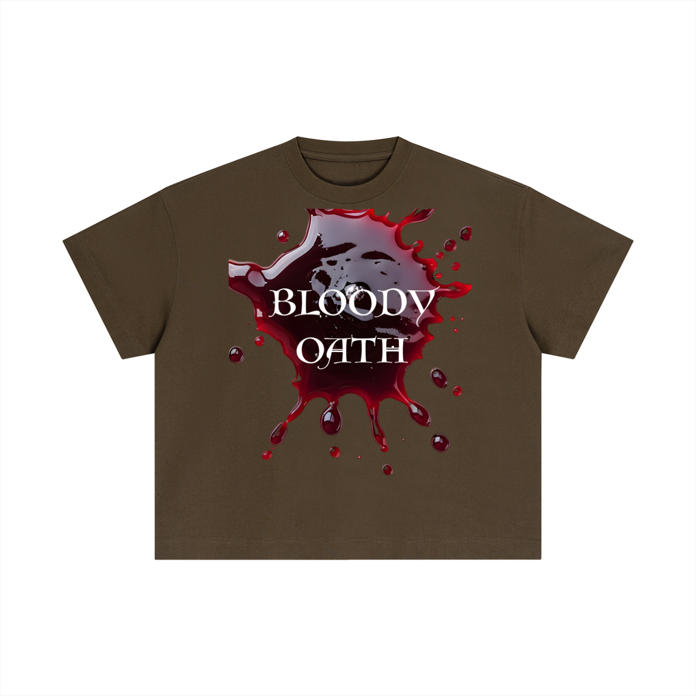 Brown t-shirt with 'Bloody Oath' graphic design on a white background
