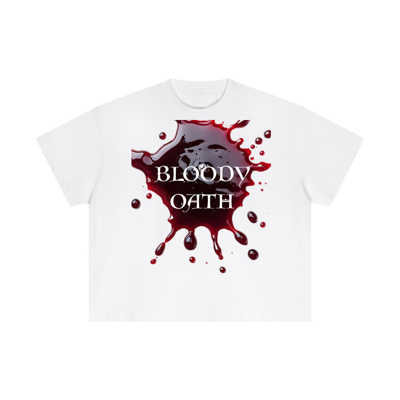 White t-shirt with 'Bloody Oath' graphic design on a white background