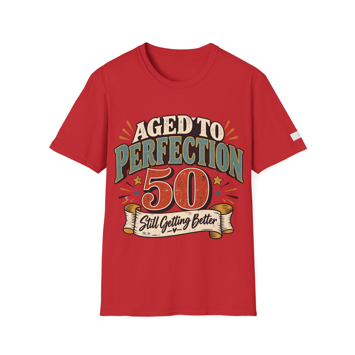 A red short-sleeve crewneck t-shirt with a retro-style graphic on the front that reads 'AGED TO PERFECTION 50 Still Getting Better' in cream, green, and orange tones, shown against a plain white background.