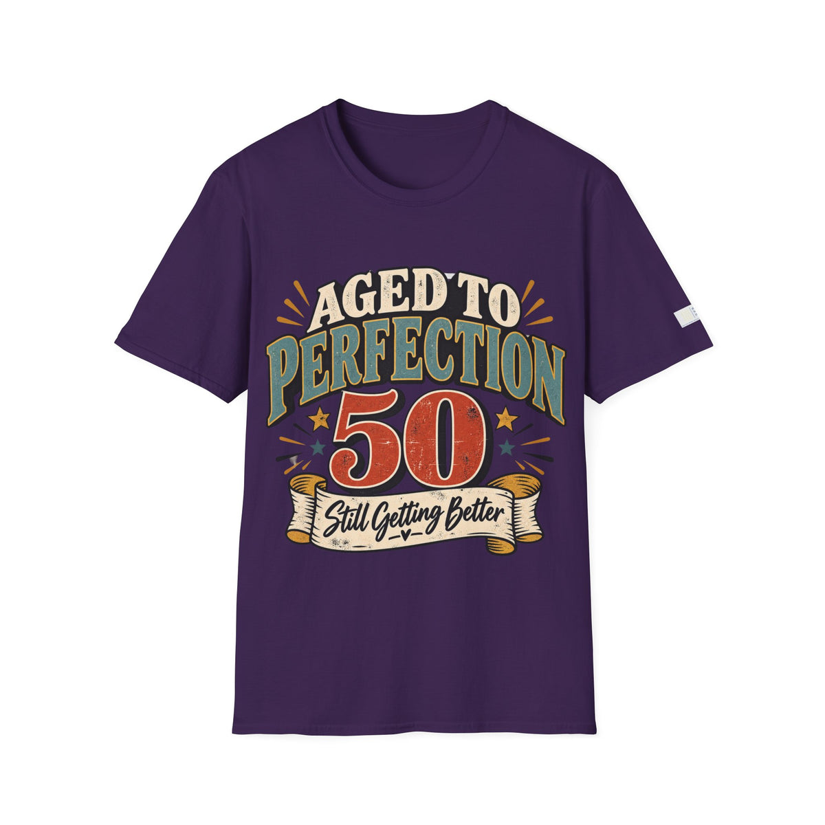 A purple short-sleeve t-shirt with a retro-style graphic on the front that reads 'AGED TO PERFECTION 50 Still Getting Better' in cream, green, and orange lettering, displayed on a solid white background.