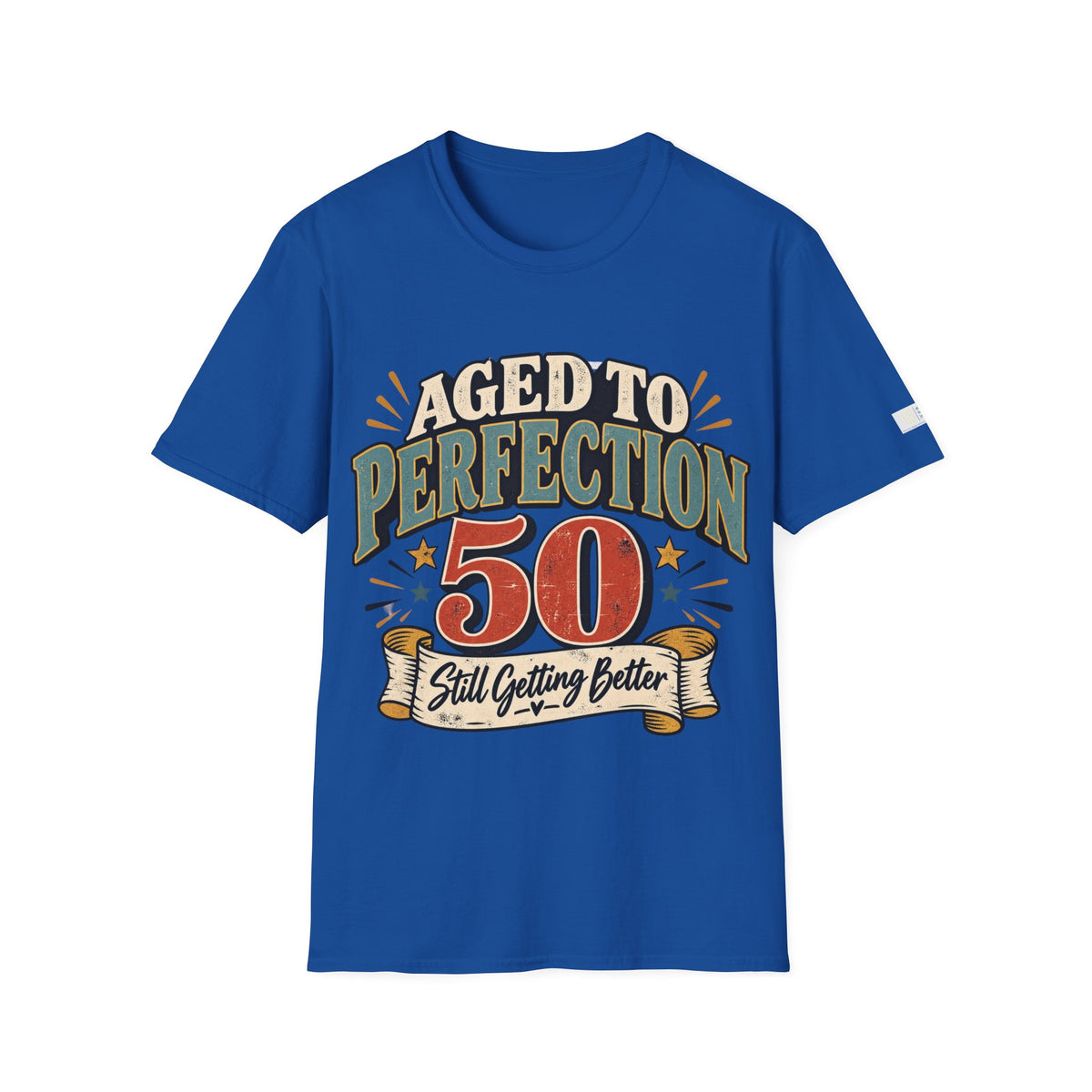 A royal blue short-sleeve t-shirt with a retro-style graphic on the chest that reads 'AGED TO PERFECTION 50 Still Getting Better' in cream, green, and red lettering, displayed on a solid white background.