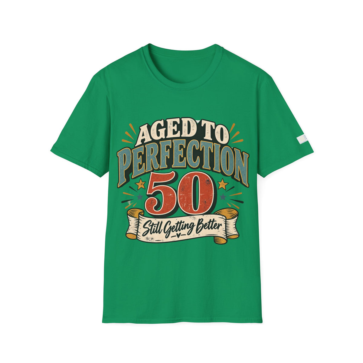 A green short-sleeve t-shirt with a retro-style graphic on the front that reads 'AGED TO PERFECTION 50 Still Getting Better' in beige, orange, and brown tones, shown against a plain white background.