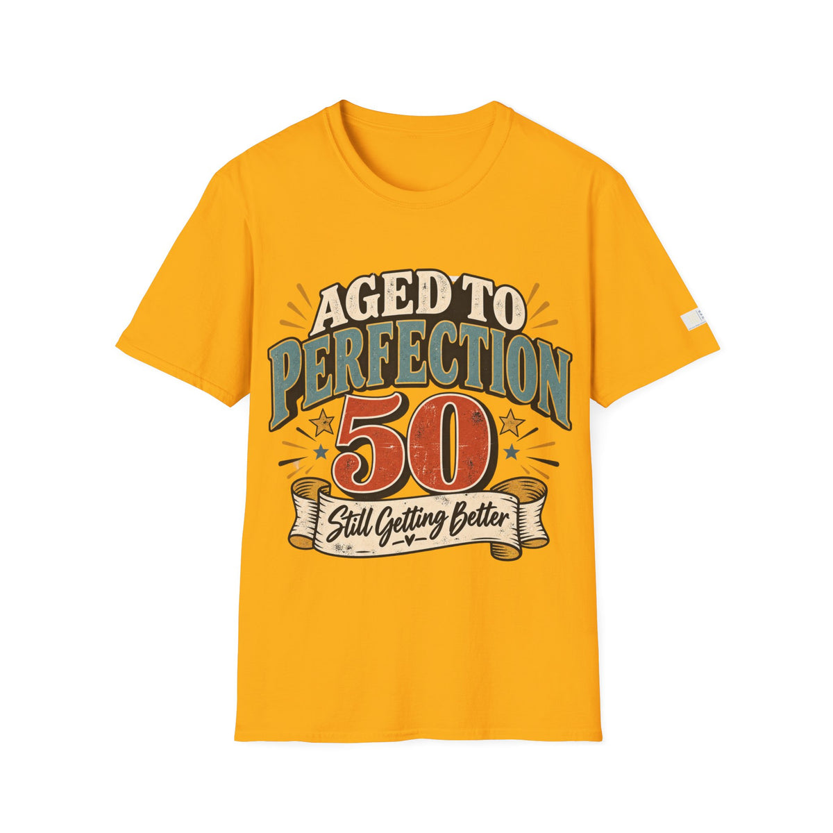 A bright yellow short-sleeve t-shirt with a retro-style graphic on the front that reads 'AGED TO PERFECTION 50 Still Getting Better' in beige, blue, and red tones, displayed on a clean white background.