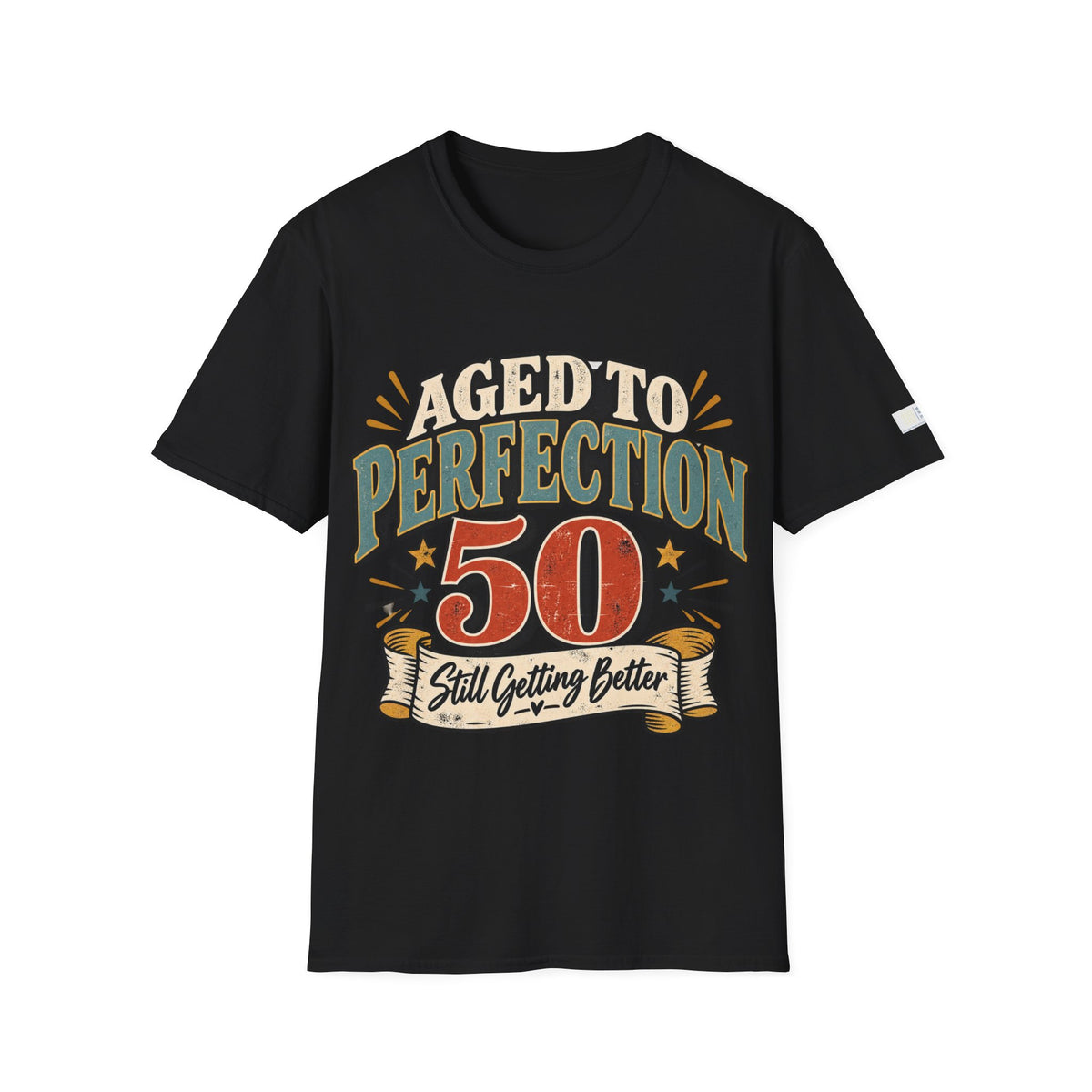 A black short-sleeve t-shirt with a vintage-style graphic on the front that reads 'AGED TO PERFECTION 50 Still Getting Better' in red, beige, and teal colors, shown against a plain white background.