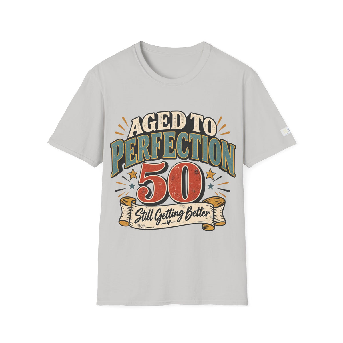 A light gray crewneck t-shirt featuring a retro-style graphic print on the front that reads 'AGED TO PERFECTION 50 Still Getting Better' in orange, green, and cream lettering.