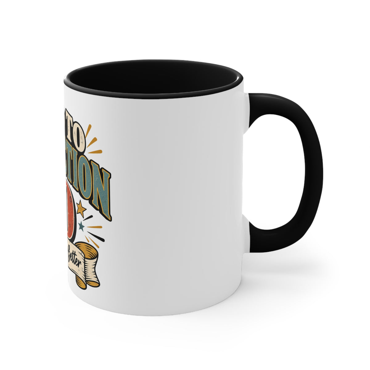 A white ceramic coffee mug with a black handle and black interior, featuring a vintage-style tattoo-style graphic on the side with the text '50' and a scroll design.