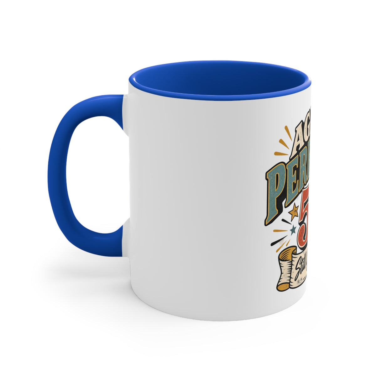 A white ceramic mug with a blue handle and blue interior, featuring a colorful graphic print on the side that reads '50 birthday' with stars and scroll details.