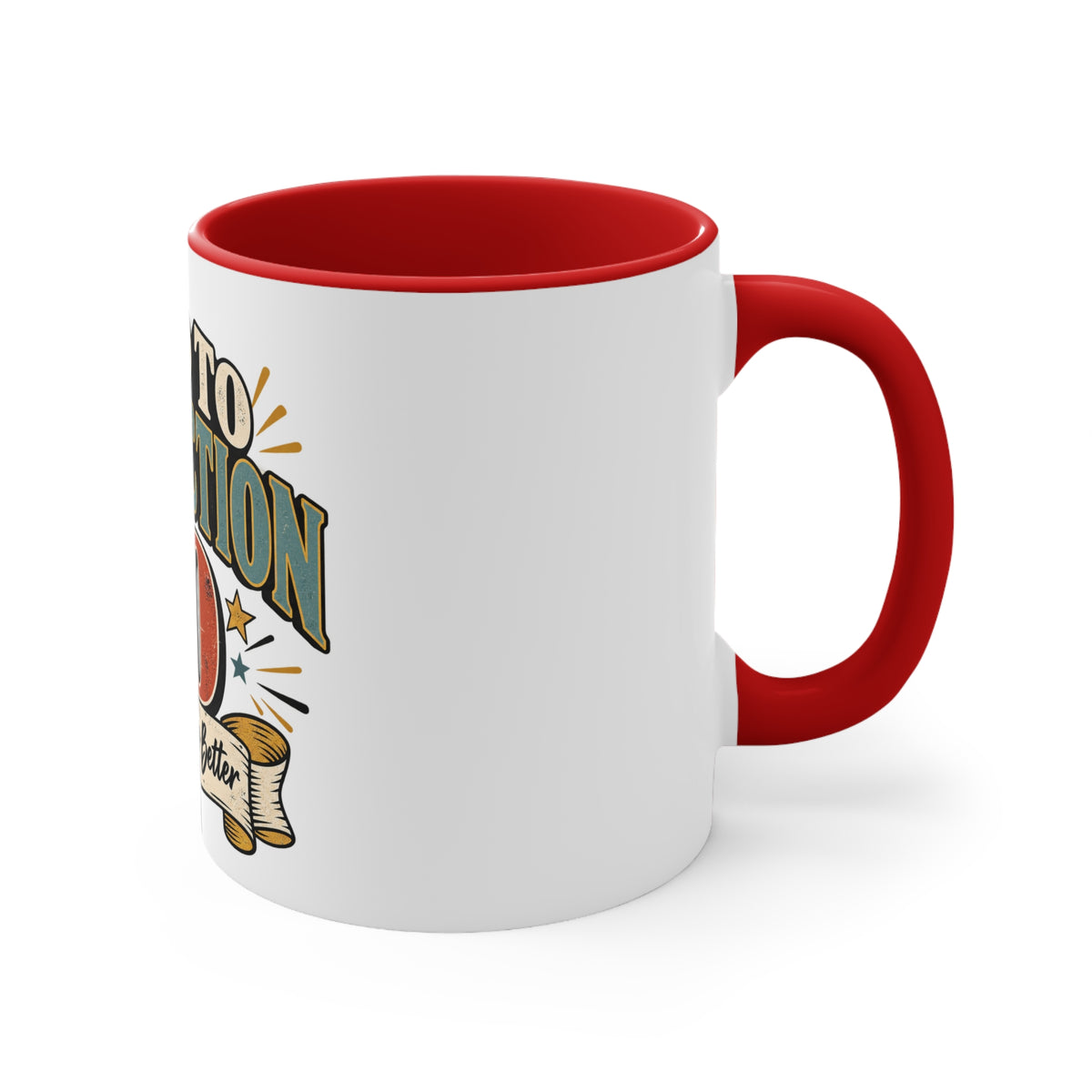 A white ceramic coffee mug with a red interior and red handle, featuring a retro-style graphic on the side with the text 'aged to 50' and a scroll illustration.