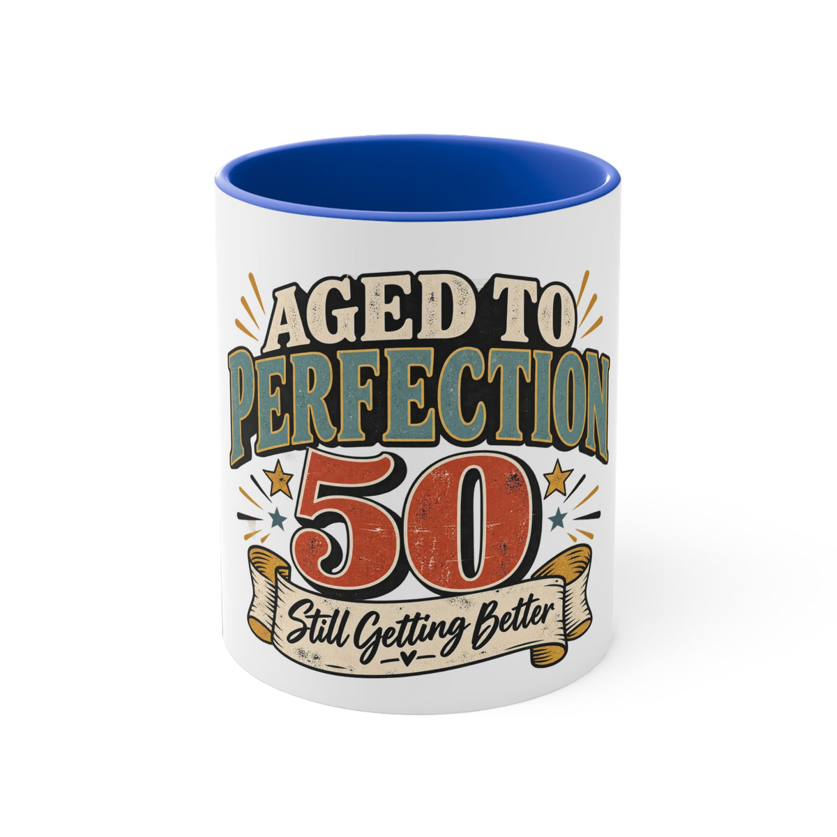 A white ceramic mug with a blue interior, featuring a retro-style graphic that reads 'AGED TO PERFECTION 50 Still Getting Better' on the front.