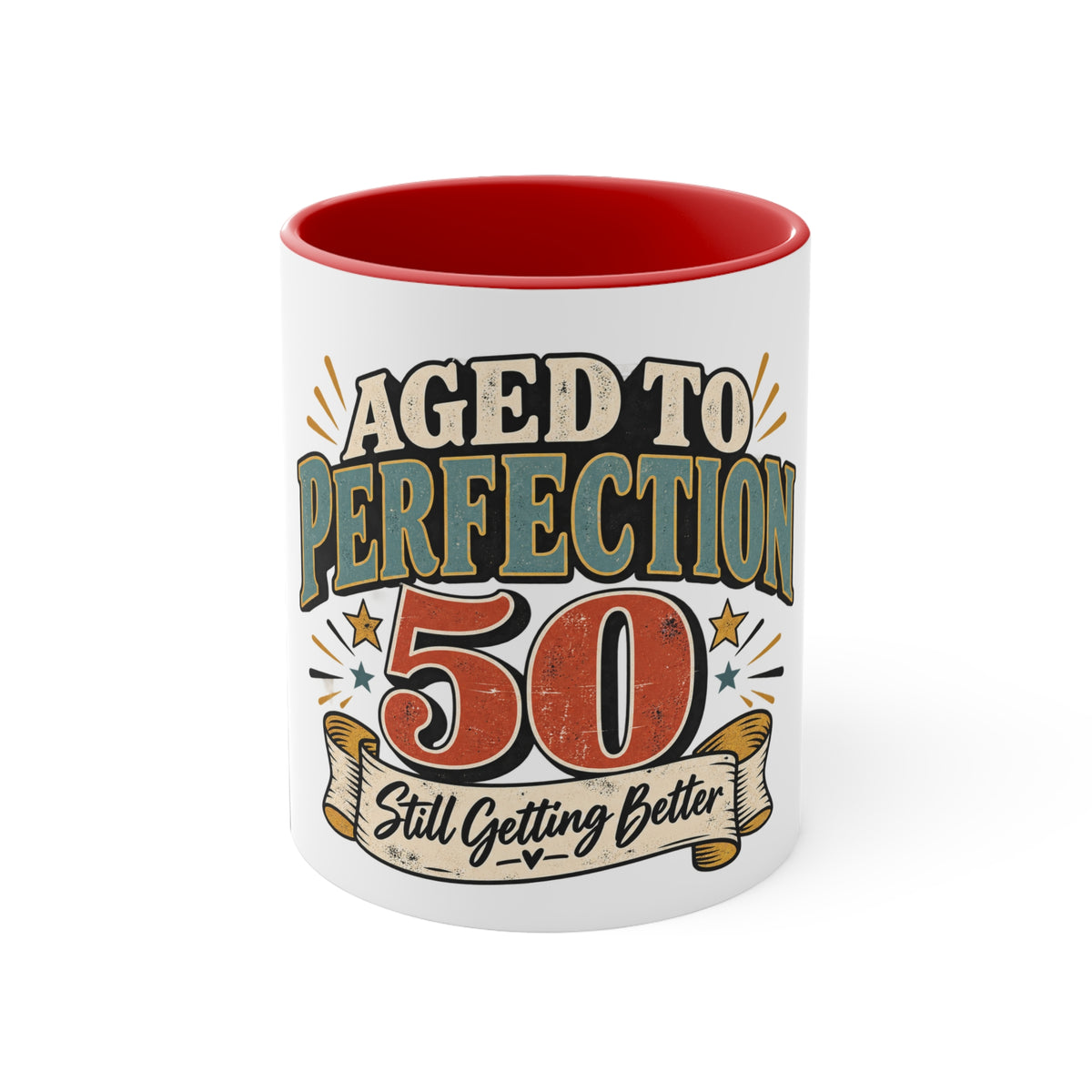 A white ceramic mug with a red interior, featuring a retro-style graphic that reads 'AGED TO PERFECTION 50 Still Getting Better' in beige, blue, and red lettering.