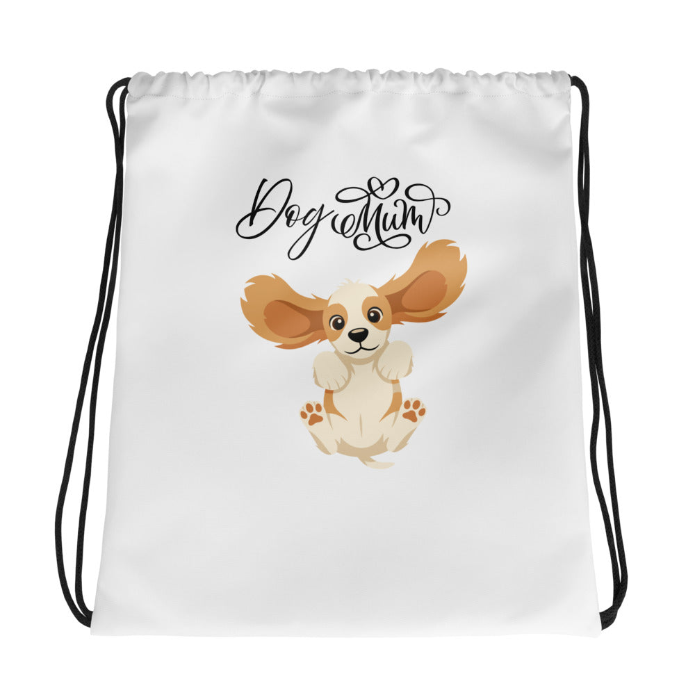 Drawstring bag with a dog illustration and 'Dog Mum' text on a white background