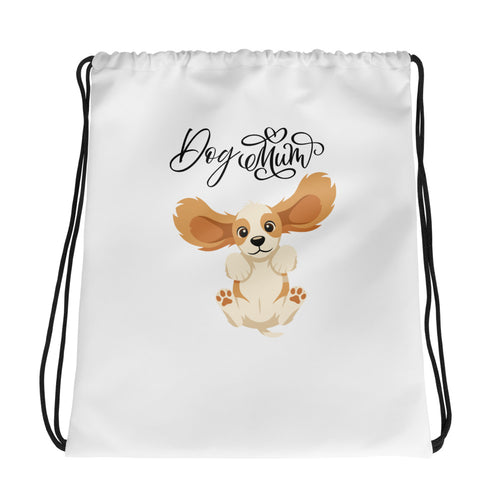 Drawstring bag with a dog illustration and 'Dog Mum' text on a white background