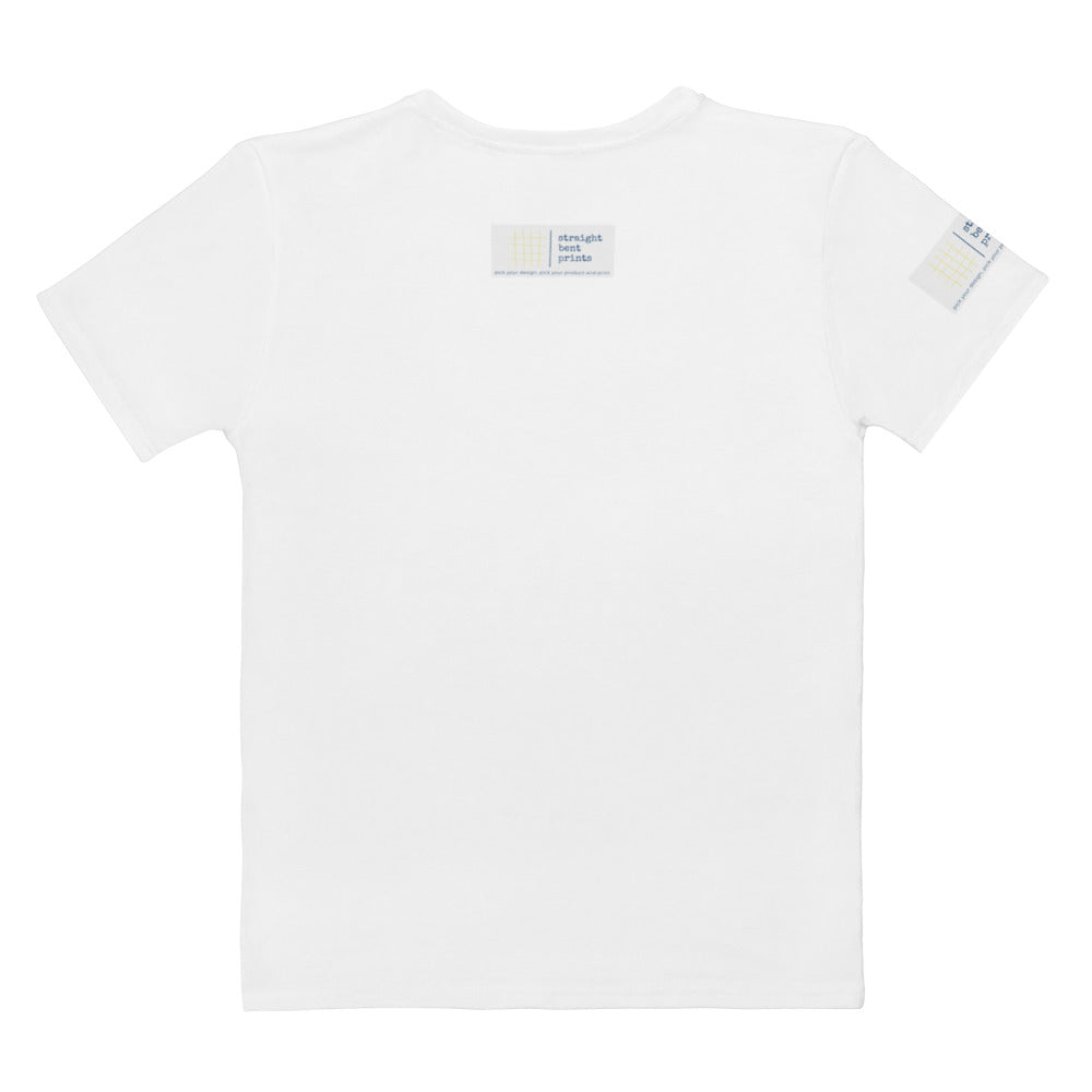 White t-shirt with brand labels on a white background