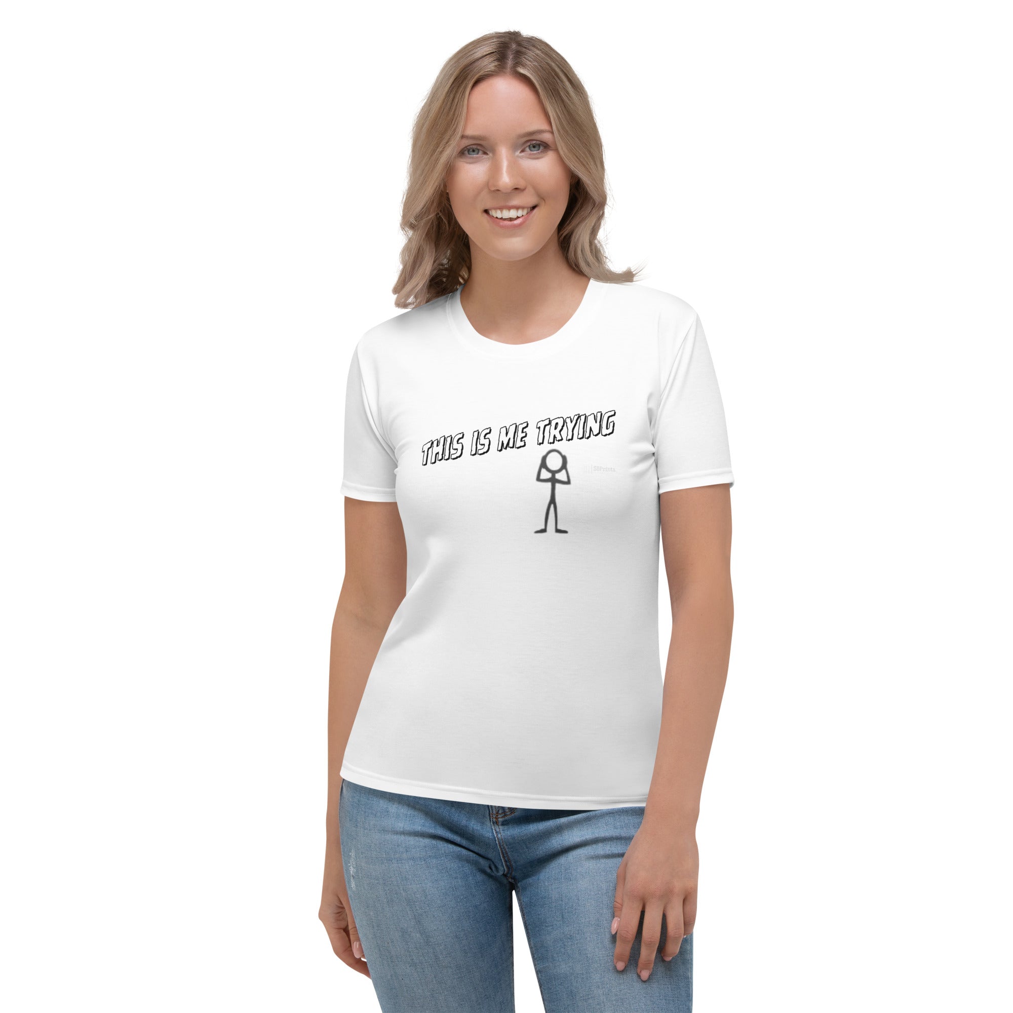 Woman wearing a white t-shirt with text and a stick figure graphic on a white background