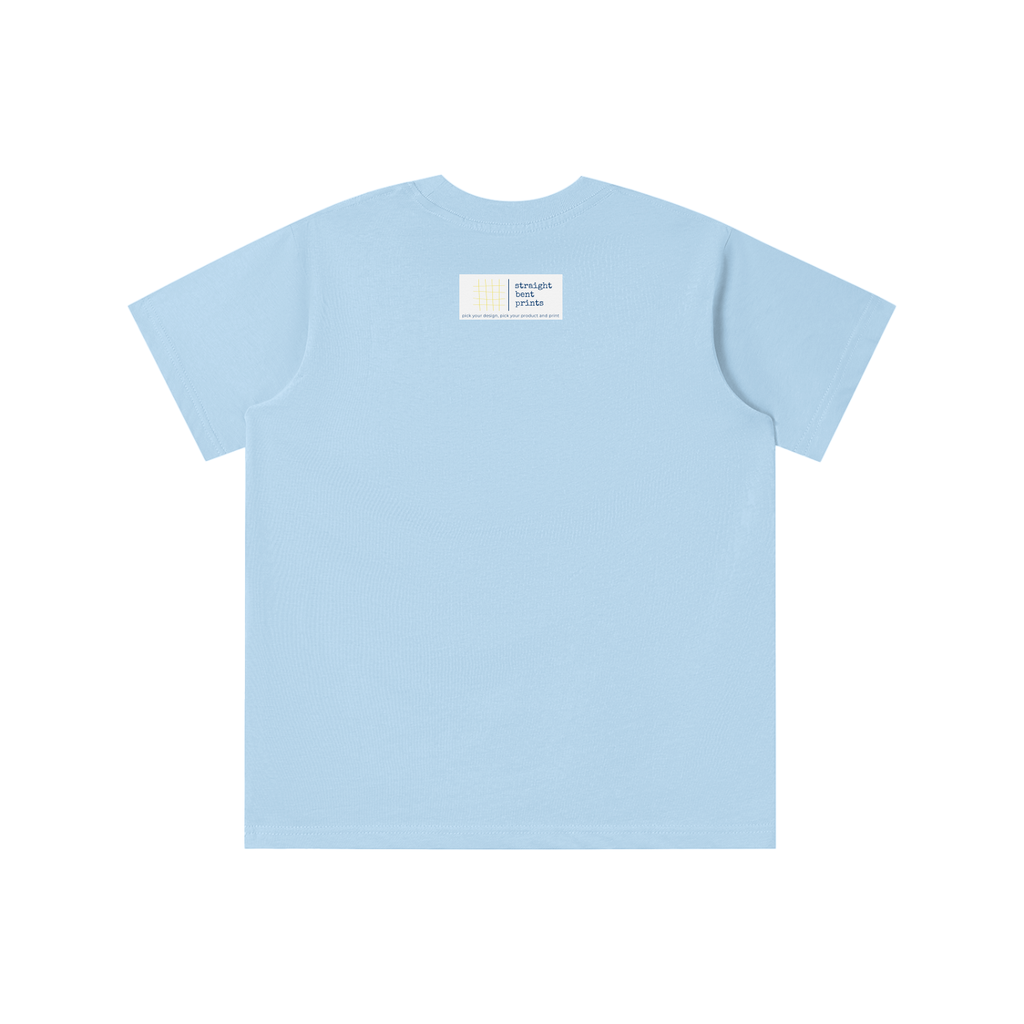 Light blue t-shirt with a small white label on a white background