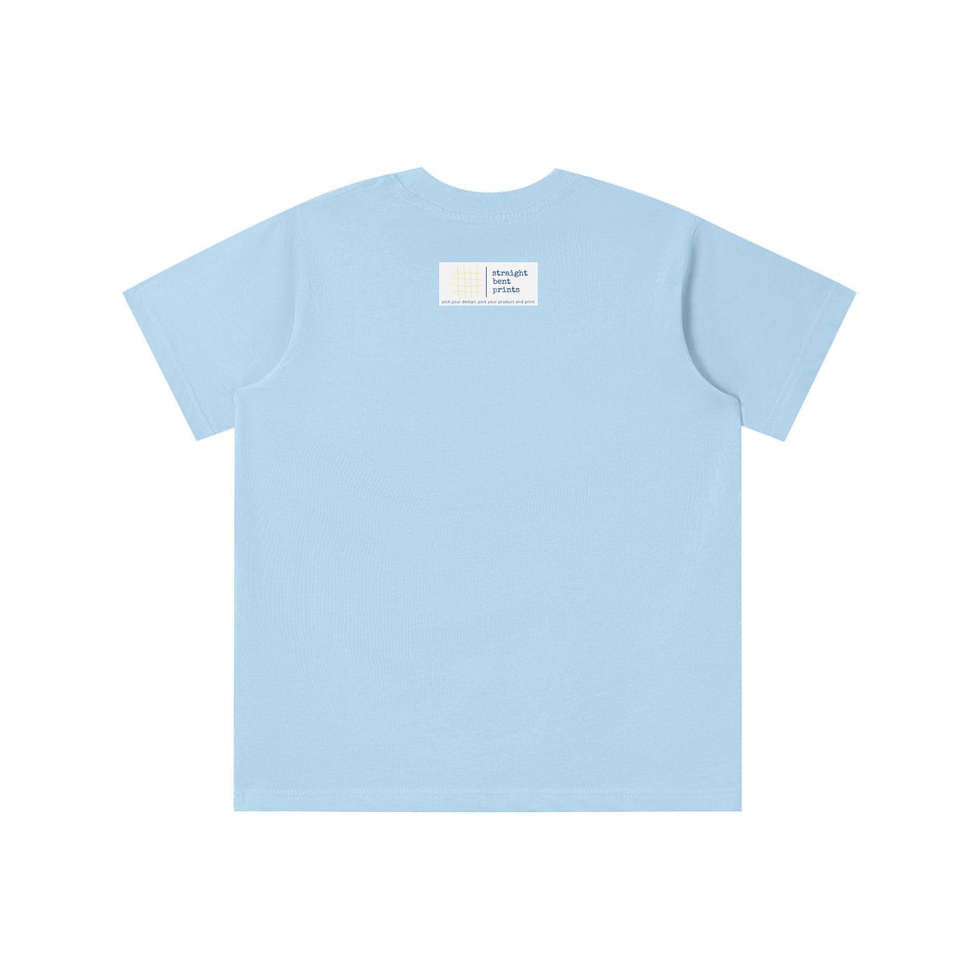 Light blue t-shirt with a small white label on a white background