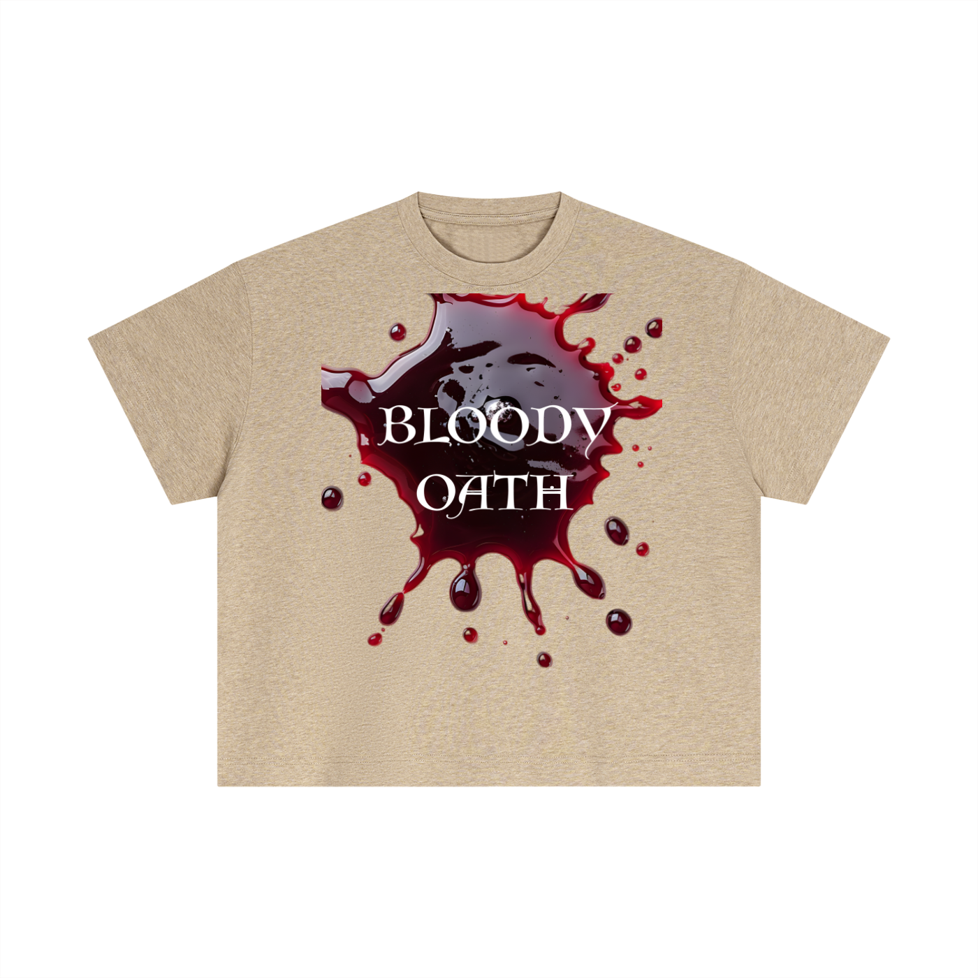 Beige t-shirt with 'Bloody Oath' graphic design on a white background