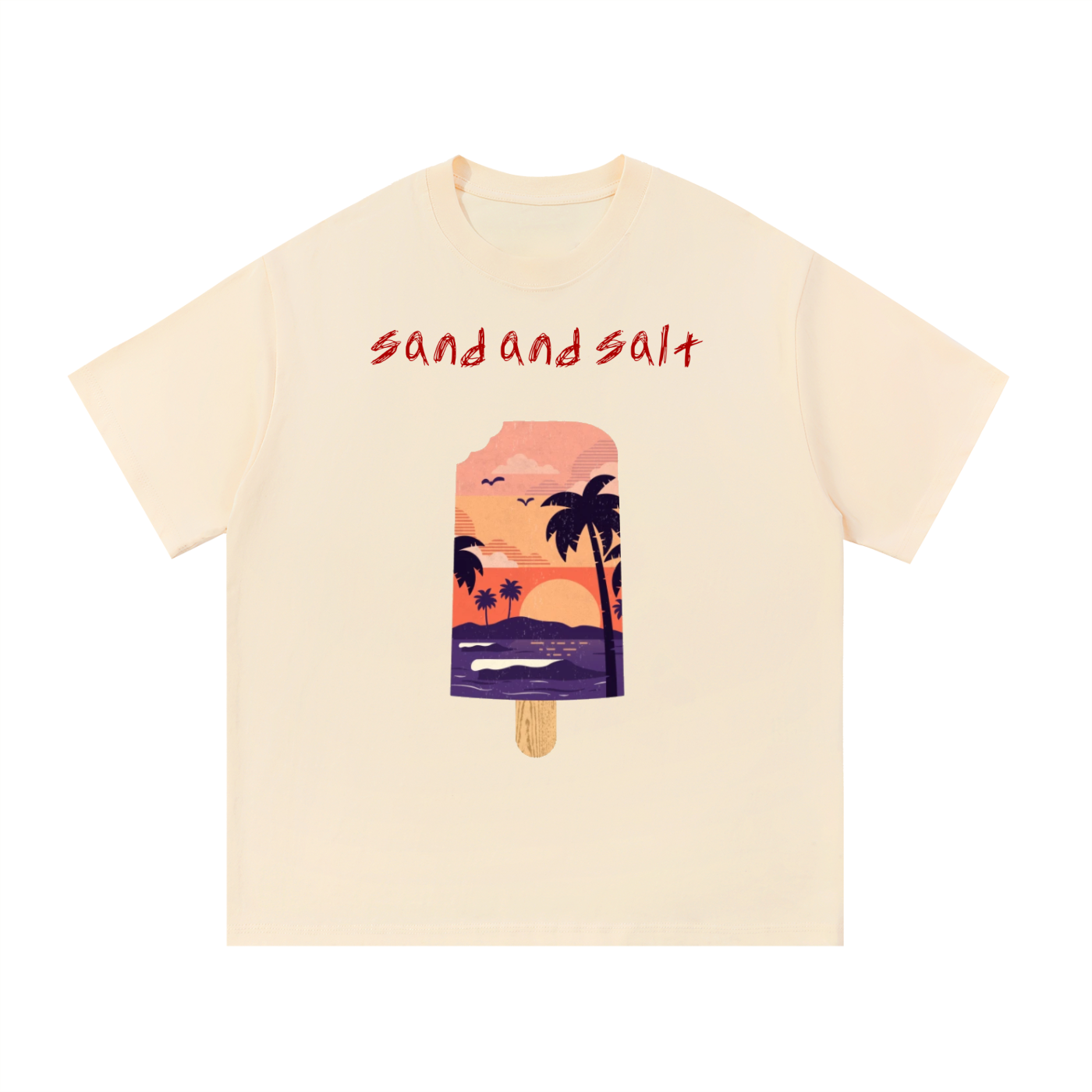 Beige t-shirt with a graphic of a popsicle and palm trees, featuring the text 'sand and salt'.
