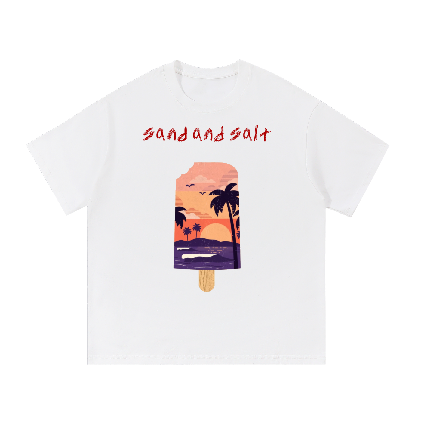 White t-shirt with a tropical-themed graphic and 'sand and salt' text on a white background