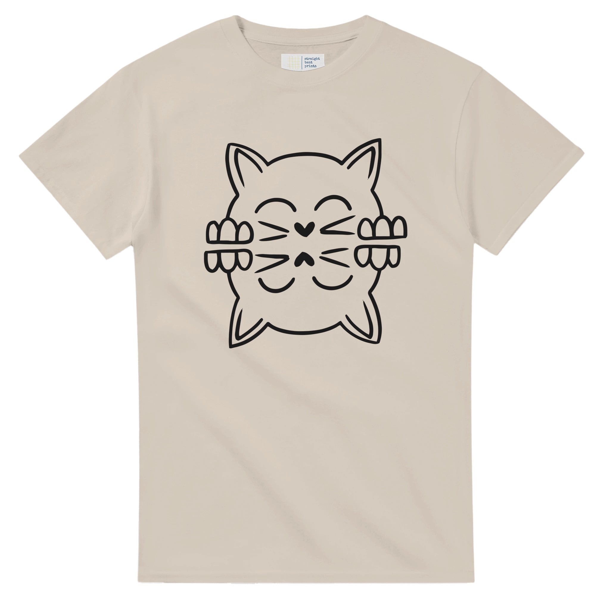 Beige t-shirt with a black cat graphic on a white background
