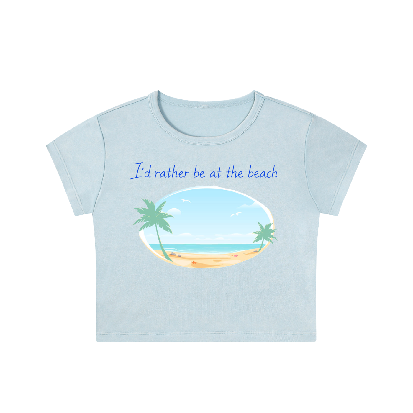 Light blue t-shirt with beach graphic and text on a white background