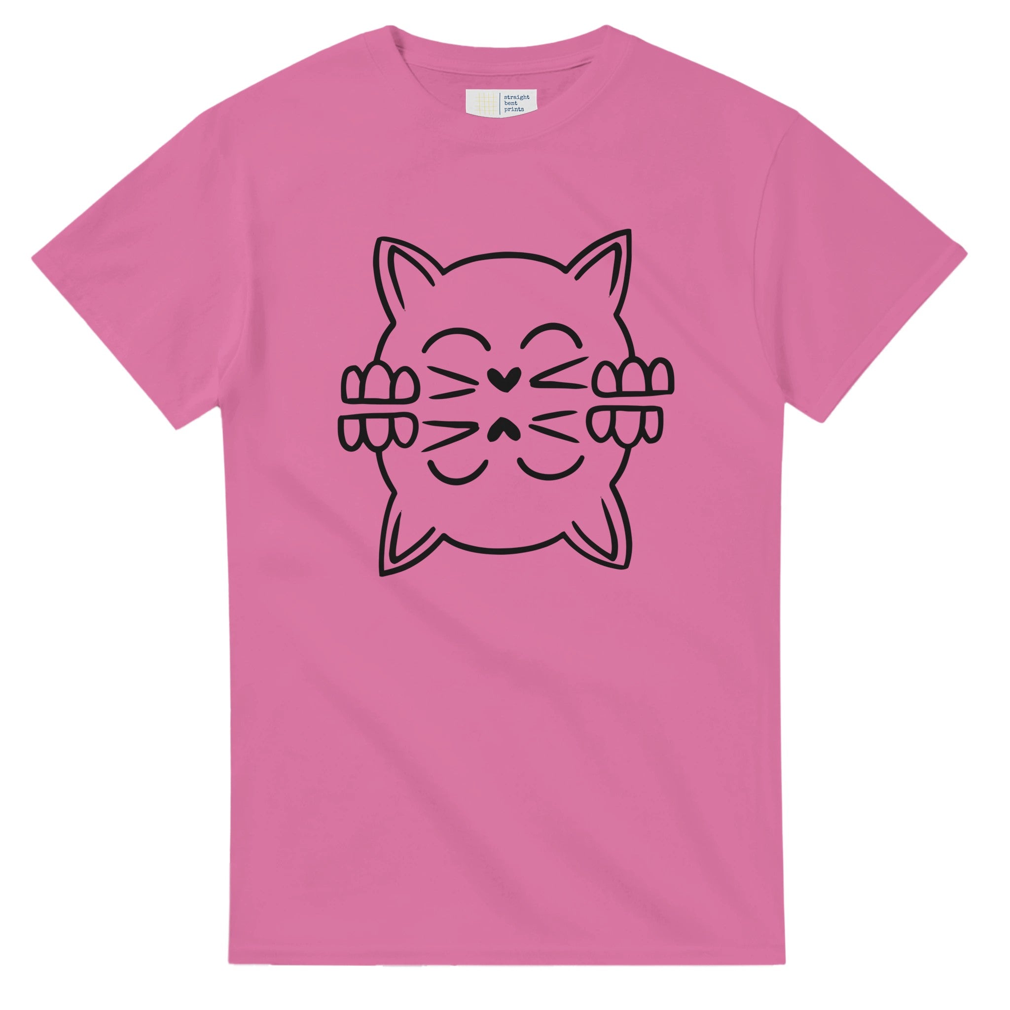 Pink t-shirt with a black cat graphic on a white background