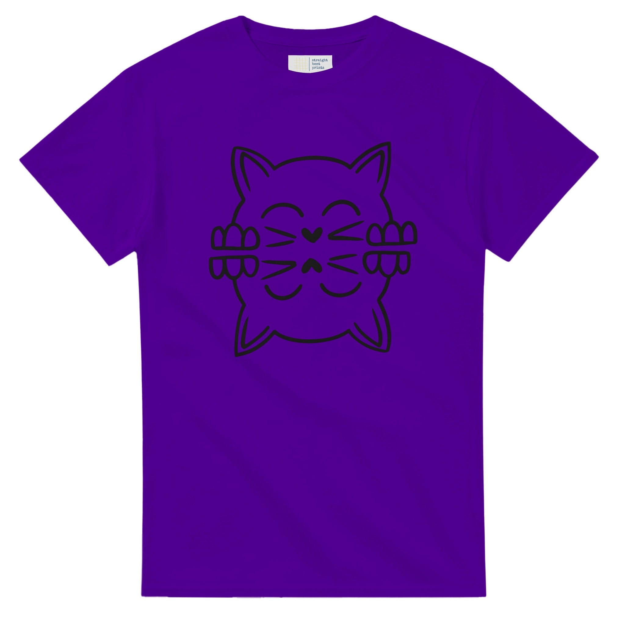 Purple t-shirt with a black cat graphic on a white background